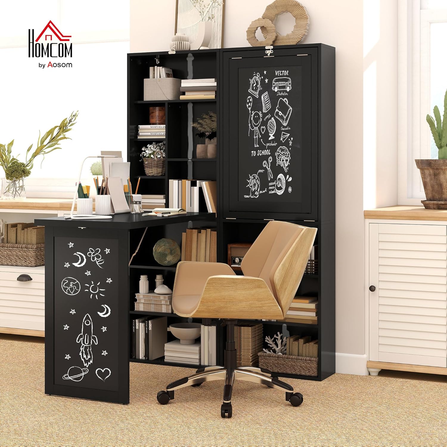 Detalle 2 de HOMCOM Bureau Informatique Pliable avec Bibliothèque et Tableau Noir – 98 x 51 x 153 cm