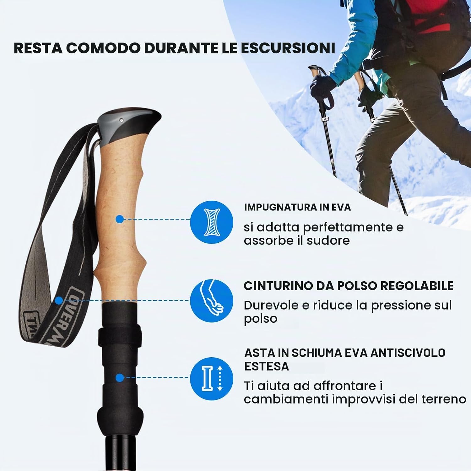 Detalle de Overmont Bastoni Trekking e Escursionismo Pieghevoli in fibra di carbonio ultraleggeri – Regolabili 110–125 cm