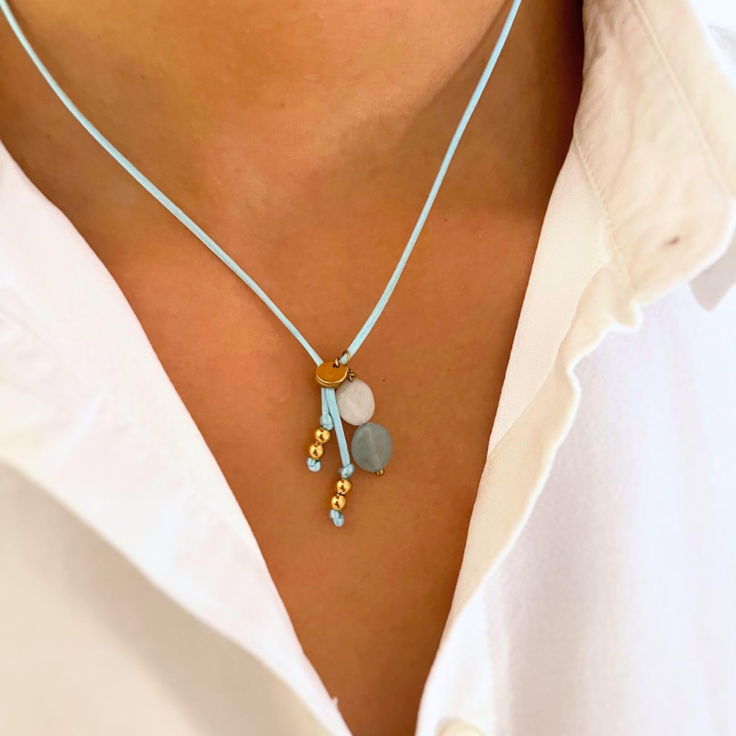 Thumbnail 1 de happymaker Edelstein Ketten: Heilstein Kette Damen mit Aquamarin & Mondstein, 70 cm verstellbar