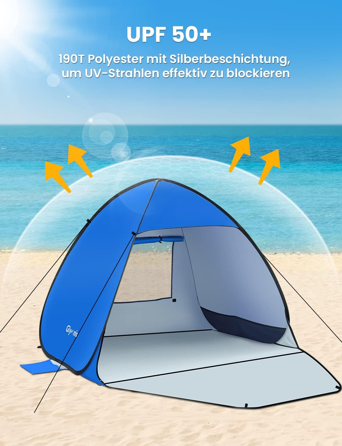 Detalle de Glymnis Strandmuschel Pop Up Strandzelt – UV-Schutz 50+, Windschutz, blau, kompakt