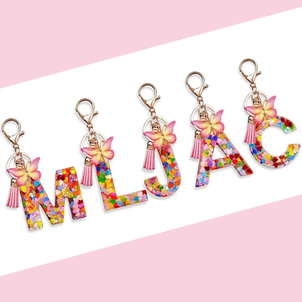 Thumbnail 2 de OSDUE Portachiavi Donna con Lettera e Farfalla Rosa – Portachiavi personalizzato in resina con nappina