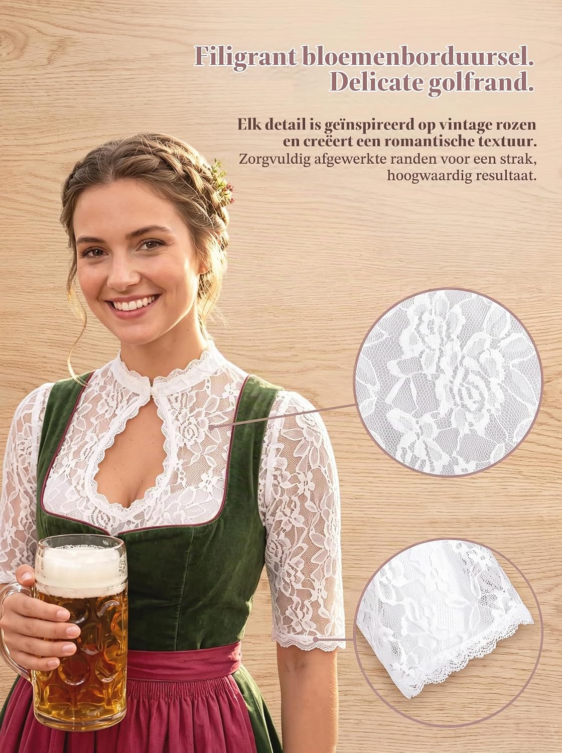 Thumbnail 2 de LEKMBBY 1416 dirndlblouse met witte bloemenkant, opstaande kraag en halve mouwen
