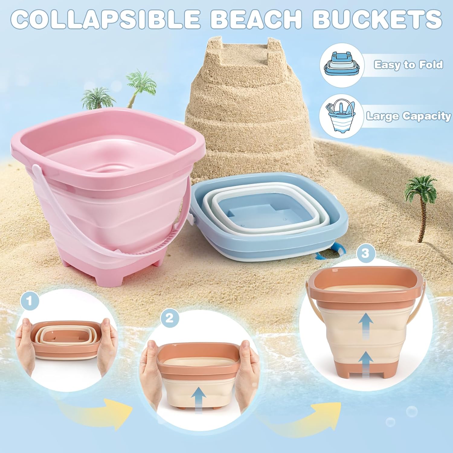 Detalle de Dreamon Beach Sand Toys 3 Set: Collapsible Buckets, Shovels & More for Shared Beach Fun