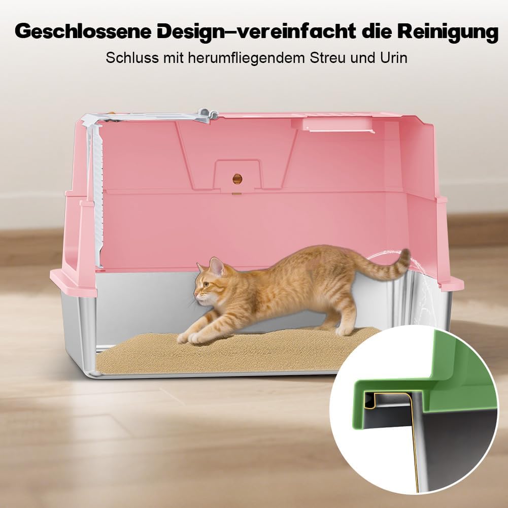 Detalle 2 de SZEE XL Edelsthal Katzenklo mit 180° Deckel – Edelstahl, 59 × 38 × 38 cm, Rosa