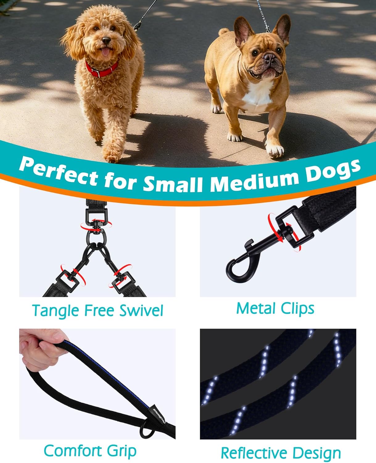 Thumbnail 1 de PetBonus Rope Double Dog Lead (No Tangle Dual Lead) with 360° Swivel Clips, Reflective Walking Training Leash, Blue