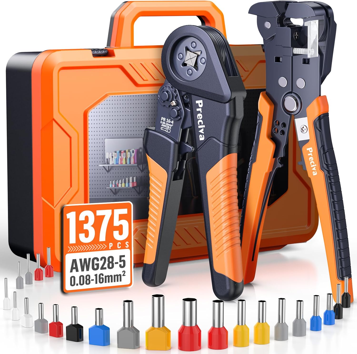 Preciva Kit Pince à Sertir Quadrilatère à Cliquet avec Pince à Dénuder et 1375 Cosses – Coffret Portable
