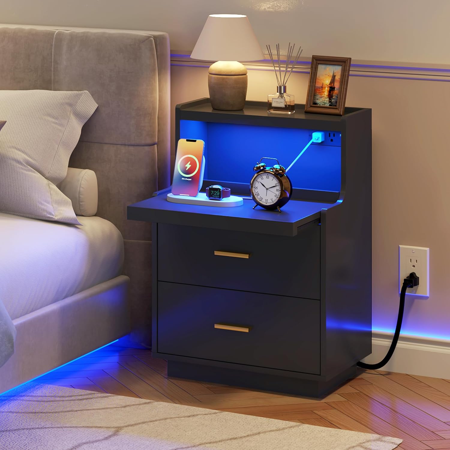 Detalle de Yusong LED Nightstand with Charging Station, RGB Lights, 2 Drawers, Black