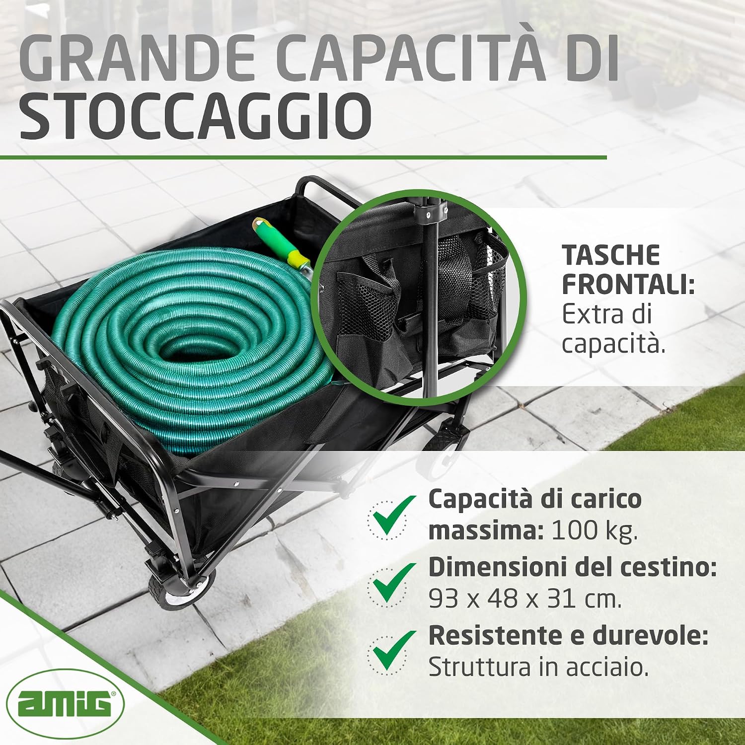 Detalle de Amig Carrello da Giardino Pieghevole in Tessuto Oxford Impermeabile con Ruote da 20 cm – Nero