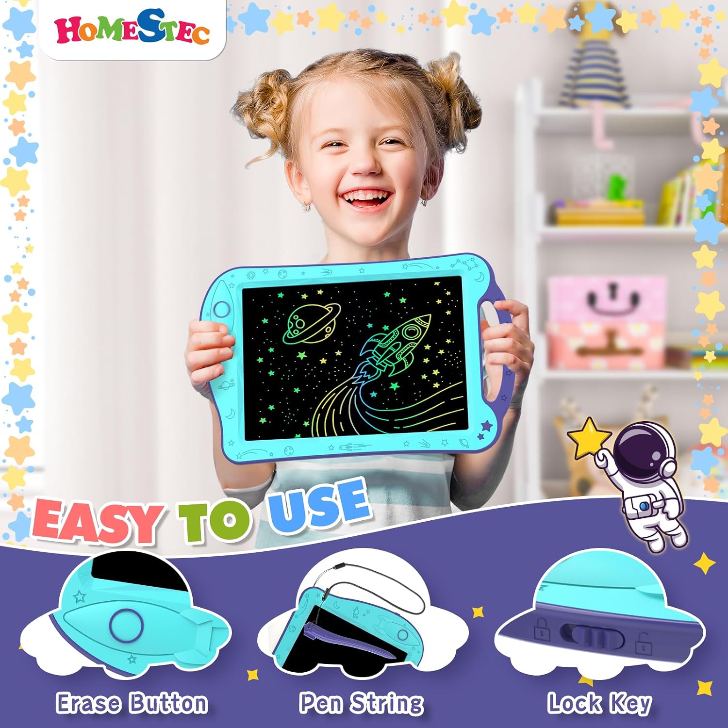 Detalle 2 de HOMESTEC AstroDraw AB0811 LCD Drawing Tablet, Aqua/Purple Space Design