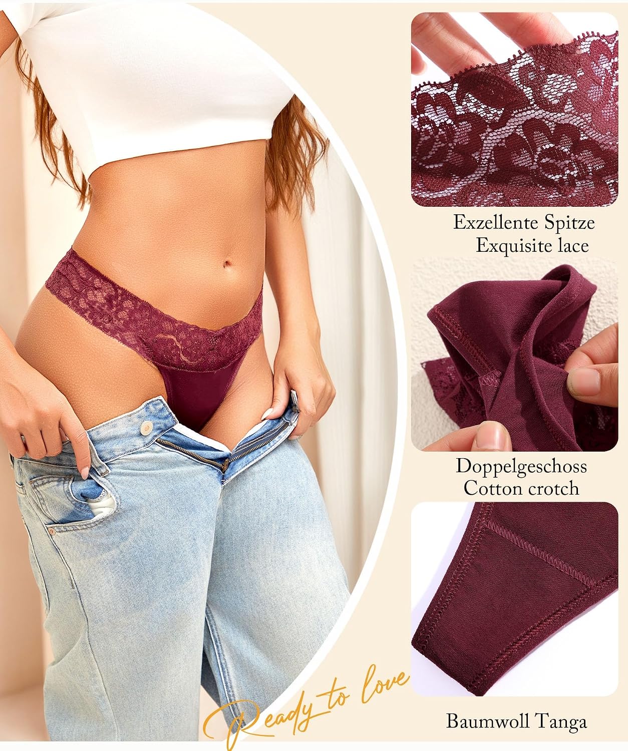 Detalle 2 de READY TO LOVE Tanga Damen Unterhosen Baumwolle 6er Pack
