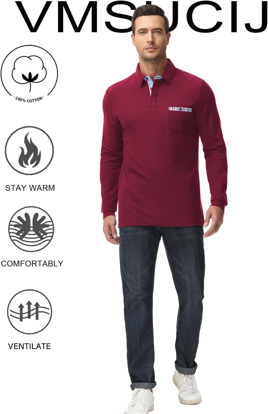Thumbnail 3 de Herren Langarm-Poloshirt aus Baumwolle VMSUCIJ – Regular Fit mit Brusttasche, 3 Knöpfen und Karo-Kontrast