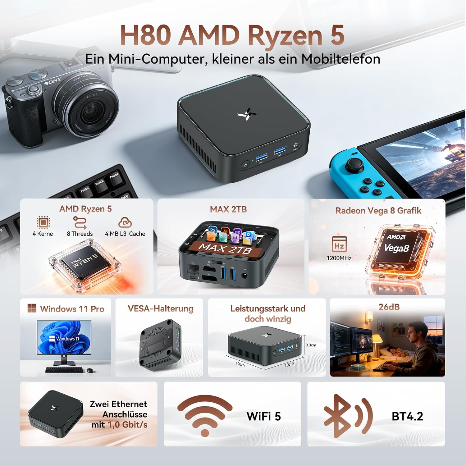 Thumbnail 1 de Huidun H80 Mini PC mit AMD Ryzen 5 – 16 GB RAM, 512 GB SSD, 4K@60Hz, W11 Pro, 3 Jahre Garantie