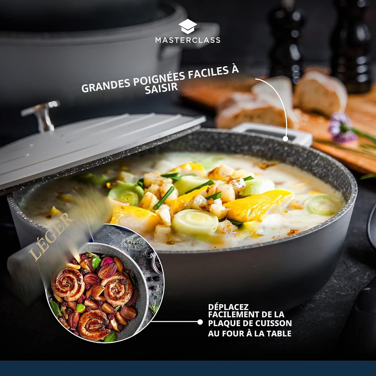 Detalle de MasterClass Casserole peu profonde avec couvercle 4L/28 cm en fonte d'aluminium légère – Grey Ombre