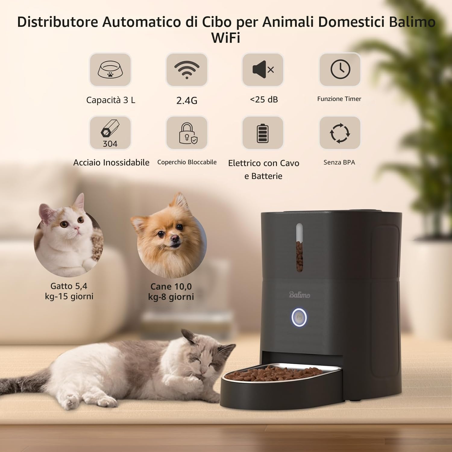 Detalle de Balimo Distributore Automatico di Cibo per Gatti e Cani, 3L, con App WiFi 2.4G, 10 pasti/giorno e ciotola in acciaio inox
