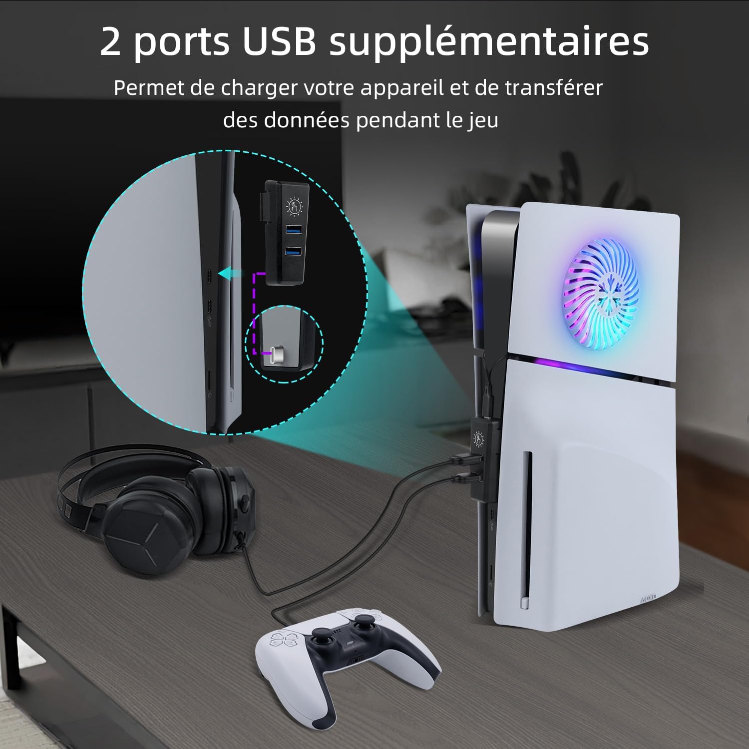 Thumbnail 5 de Kit accessoires LED RGB Mcbazel pour PS5 Slim (disque/numérique) : bande lumineuse, plaque de refroidissement et hub USB 2 ports, blanc