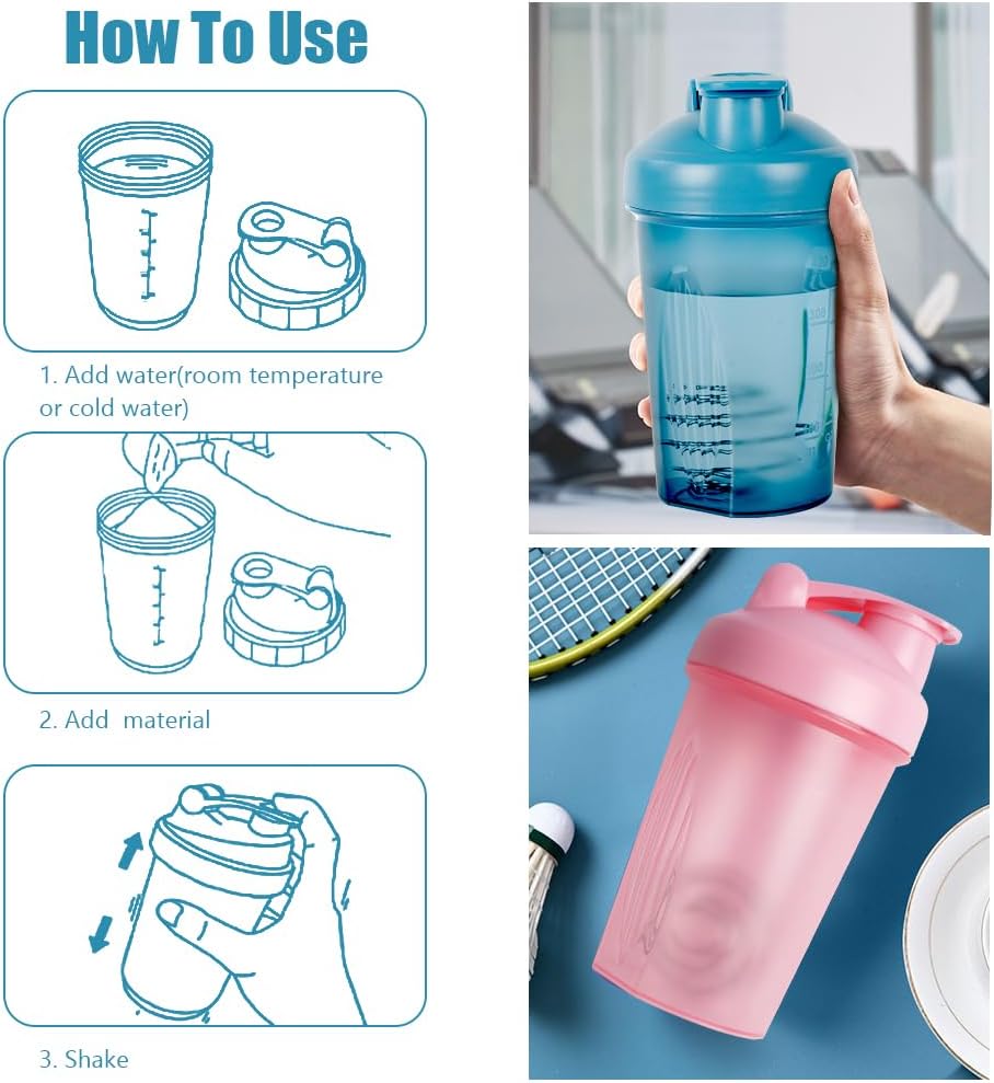 Thumbnail 2 de ACWOO 500ml Protein Shaker Bottle Set (2-pack) with Stainless Steel Mixing Ball, Leak-proof Flip Lid, BPA-free (Blue + Pink)
