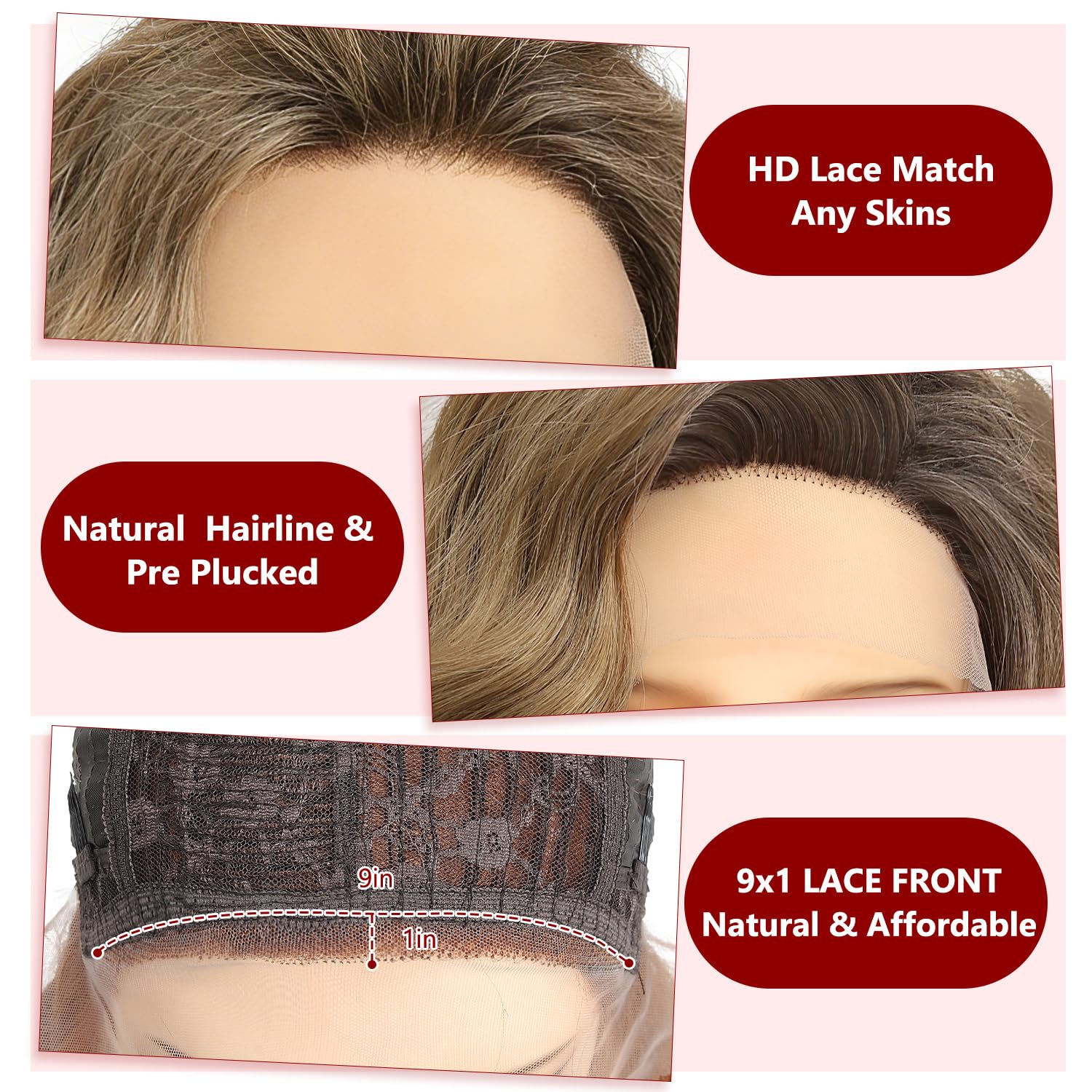 Detalle 1 de Bkiyyi Brown Wavy Bob Wig, 14in 9x1 Lace Front, Free-Part Synthetic