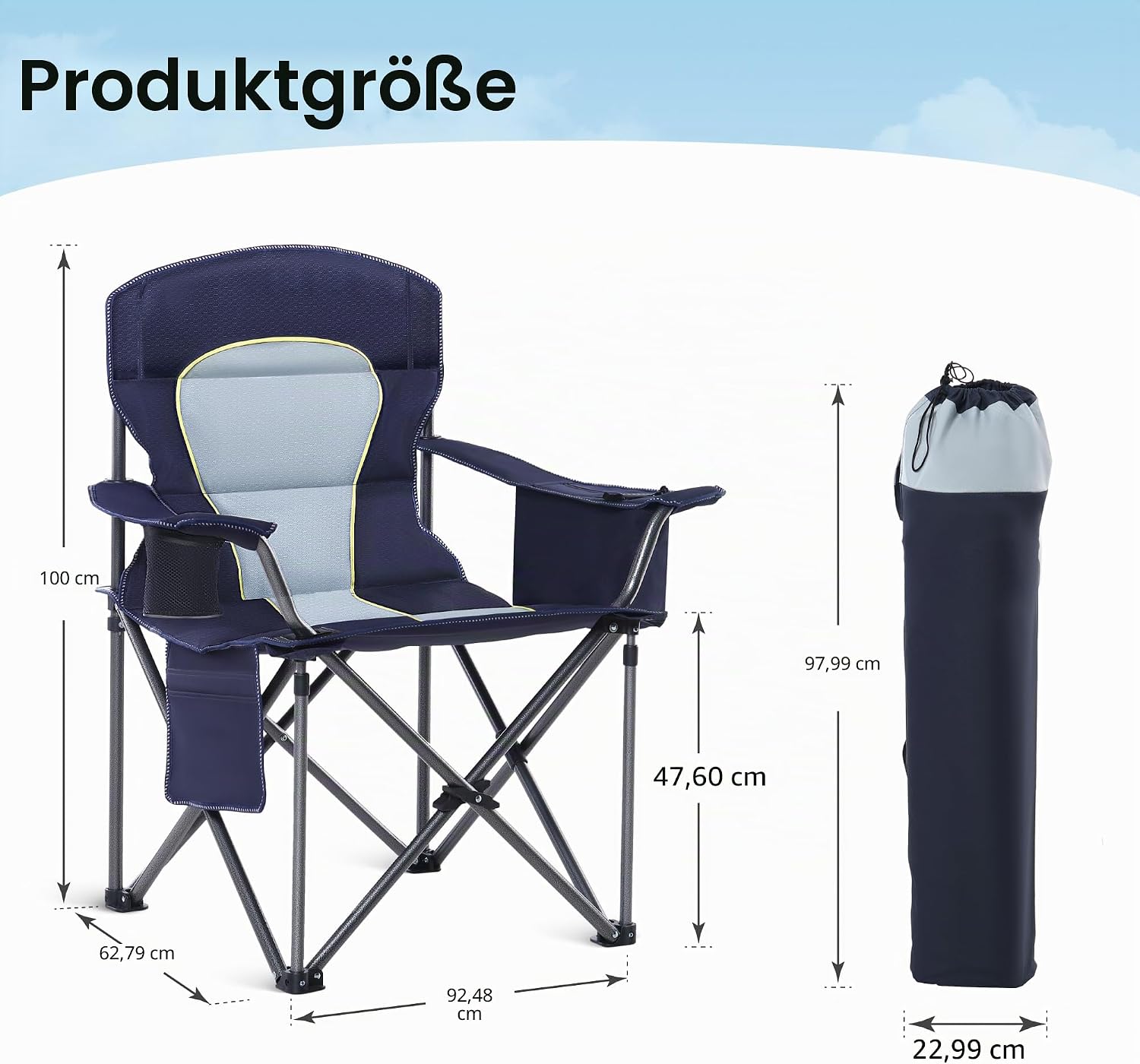 Detalle de HIGH POINT SPORTS faltbarer Campingstuhl (bis 200 kg) mit Getränkehaltern und Armlehnen – XXL Outdoorstuhl