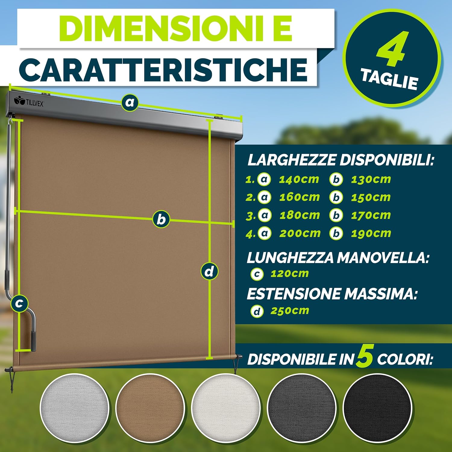 Thumbnail 3 de tillvex® Tenda da sole verticale verticale in alluminio Taupe 200 x 250 cm con manovella e copertura impermeabile