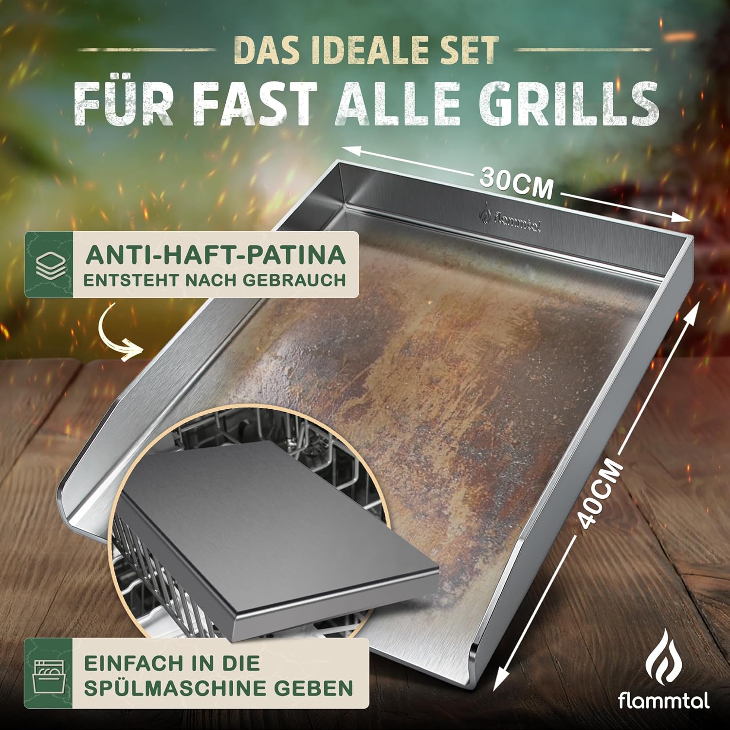 Thumbnail 4 de flammtal Grillplatte aus 4 mm rostfreiem Edelstahl (40 x 30 cm) inkl. Grillspachtel-Set & Burgerpapier