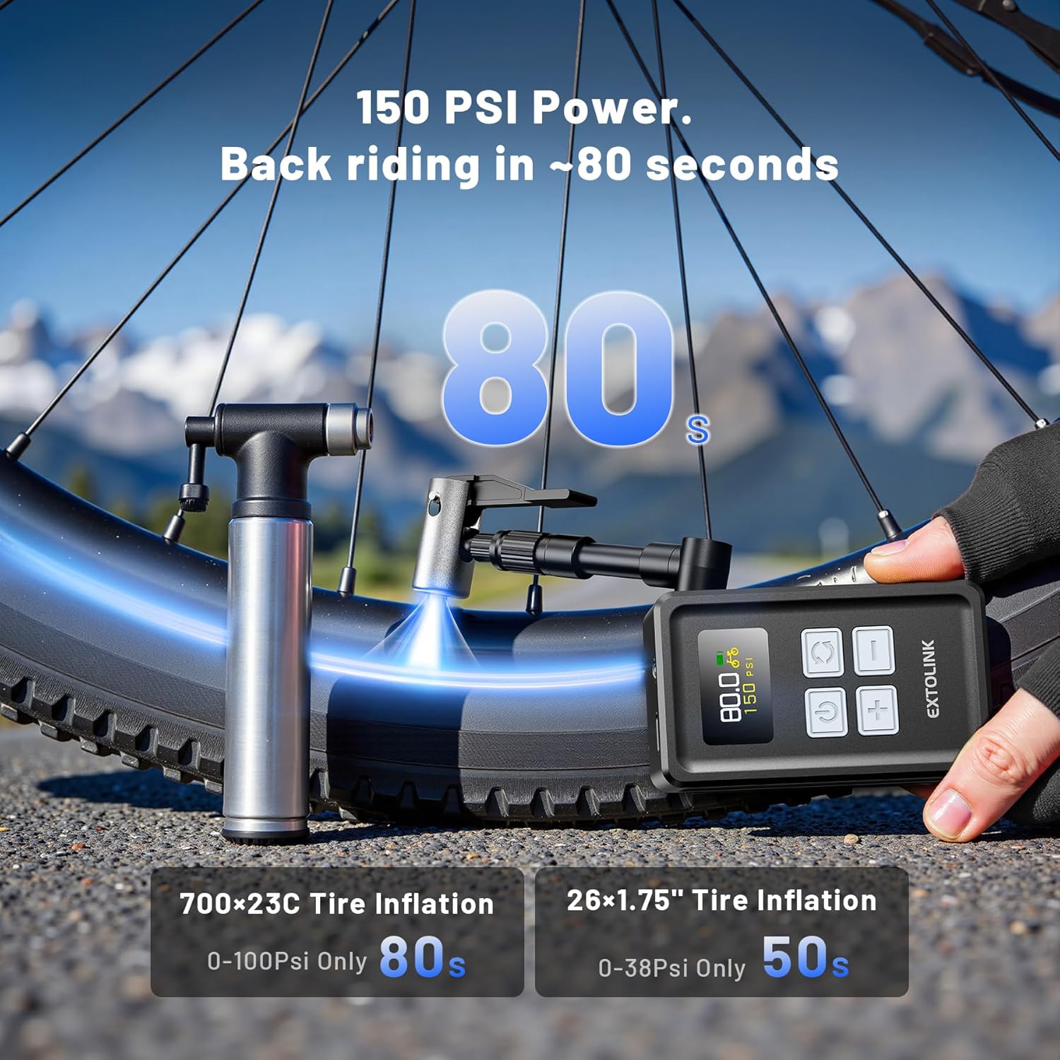 Thumbnail 1 de EXTOLINK Mini pompe vélo électrique 150 PSI avec manomètre numérique et arrêt automatique