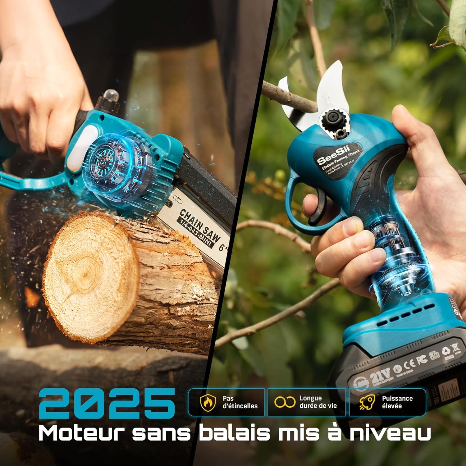 Detalle de SEESII 6 pouces mini tronçonneuse & sécateur électrique sans fil 2-en-1 (kit batteries 2×2000 mAh, moteur brushless)