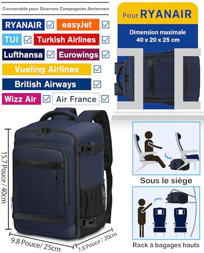 Detalle 2 de KLOSTAIN Bagage Cabine 40x20x25 cm – Sac à dos cabine 20 L, bleu profond