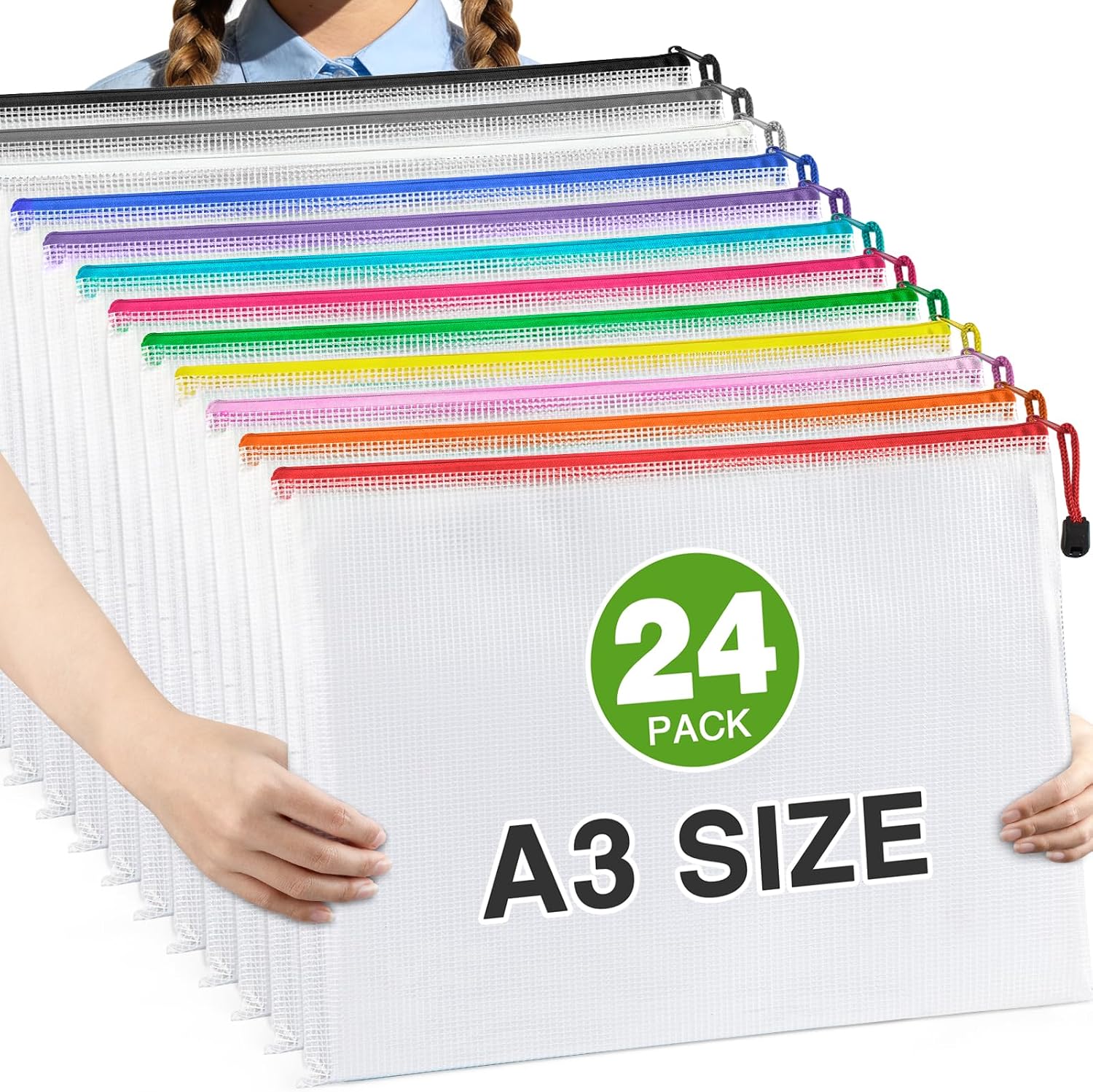 Detalle de Umriox XKUS-A3ZP24C12-2 A3 Mesh Zipper Bags, 24-Pack, 12 Colors