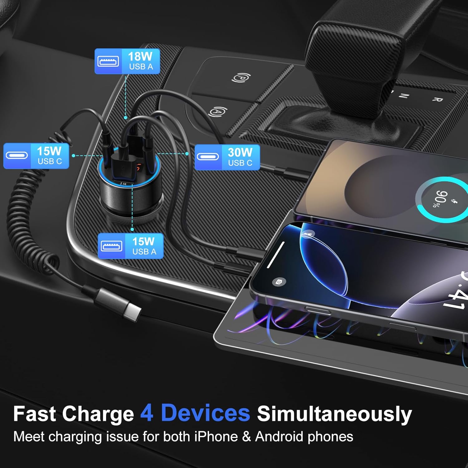 Thumbnail 3 de 3-Pack 65W USB-C Car Charger with 4 Ports (2x USB-C + 2x USB-A) and Voltmeter – PD 3.0 / QC 3.0 Fast Charging
