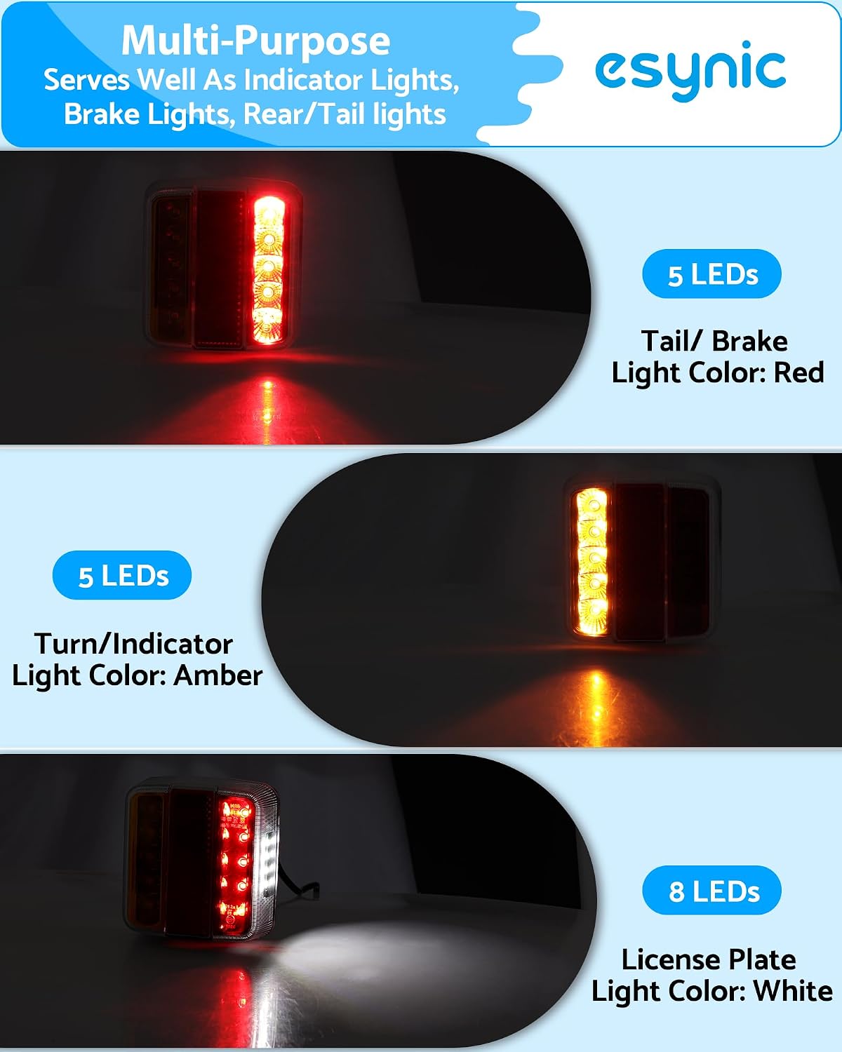 Detalle de eSynic 2 Pack Professional LED Trailer Lights (7.5m cable, 7-pin plug) Waterproof 12V bolt-mount kit
