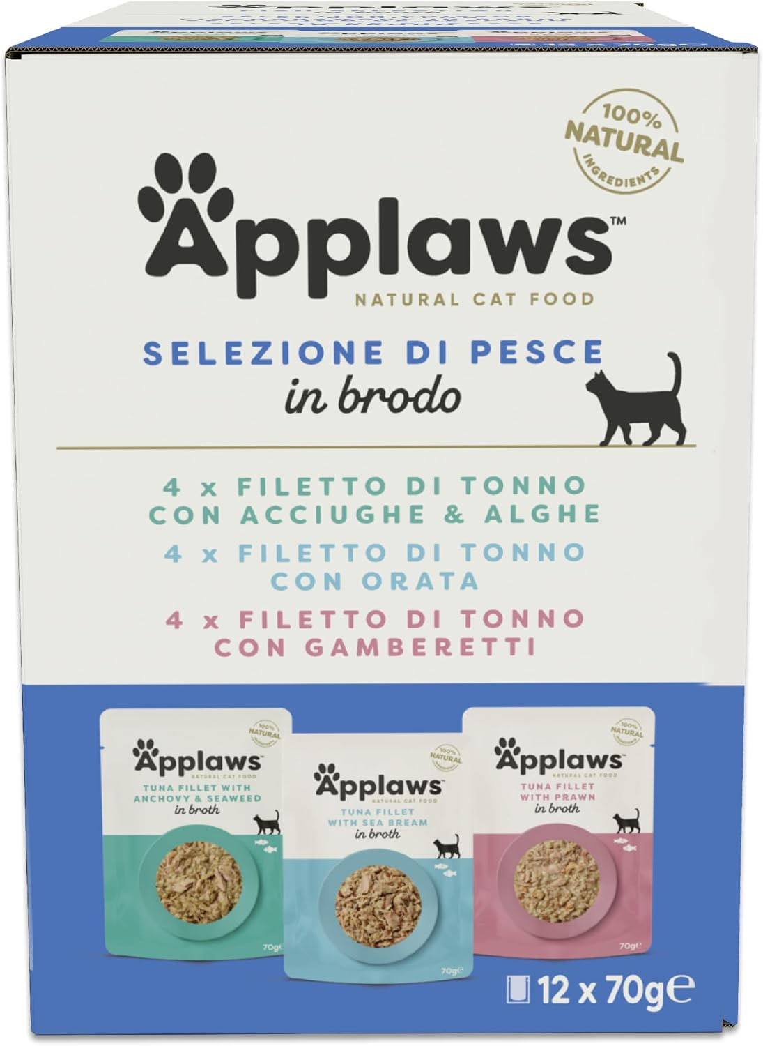 Detalle de Applaws Alimento Umido Gatti 100% Naturale, Assortimento di Pesce in Brodo, 12 Pochette da 70g