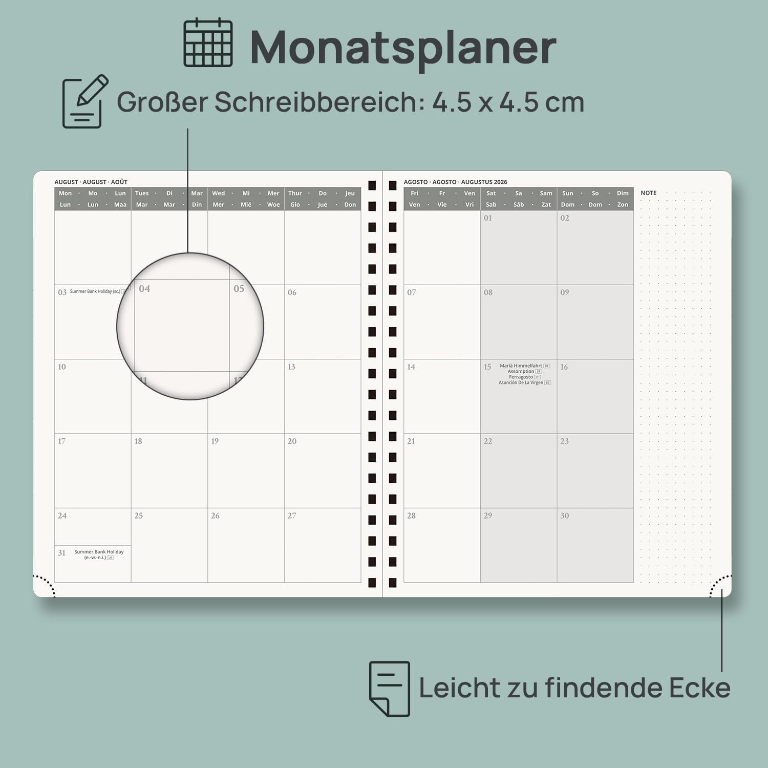Detalle 2 de POPRUN Kalender 2026/2027 Wochenplaner – Ringbuch mit Softcover, 17 Monate (Aug 2026 – Dez 2027), Pazifikgrün, ca. A4