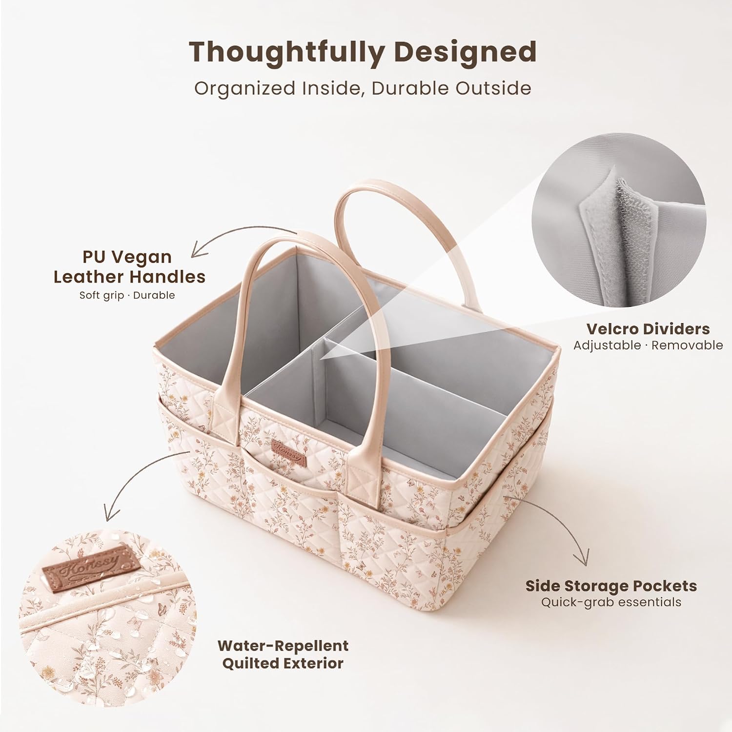 Detalle de Konssy Floral Diaper Caddy Organizer, Quilted Polyester with Removable Divider