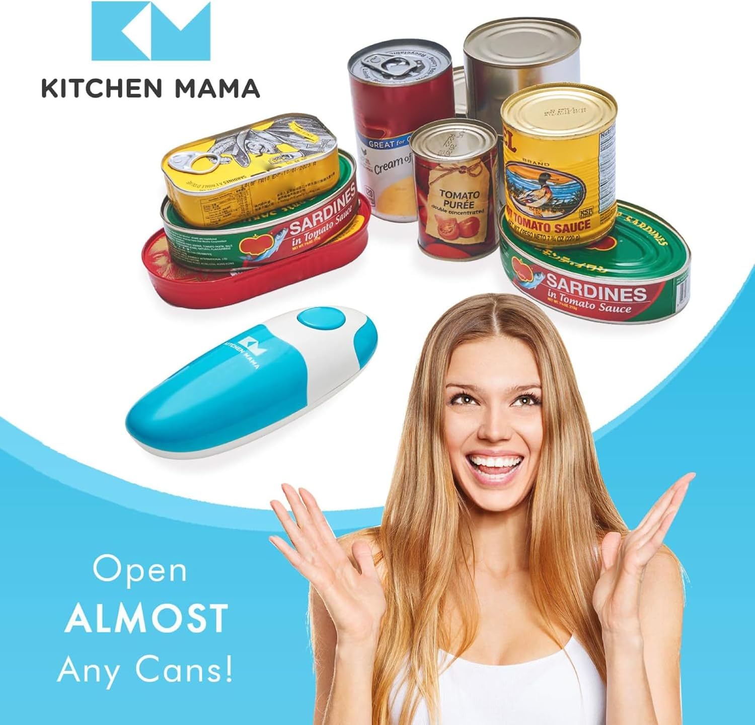 Detalle de Kitchen Mama Auto Electric Can Opener, Sky Blue — Hands-Free, Smooth Edge, Battery Operated