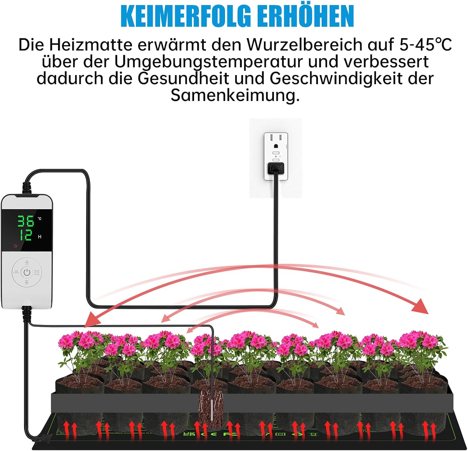 Detalle 2 de WADEO Heizmatte für Pflanzen groß (55 W) mit Thermostat, 60 x 42 cm, Timerfunktion