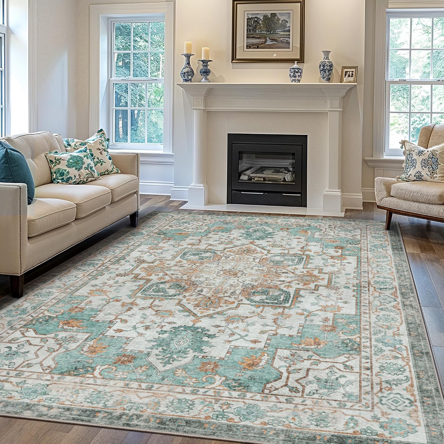 Detalle de GENIMO Area 8' x 10' Washable Low-Pile Floral Area Rug, Turquoise/Ivory