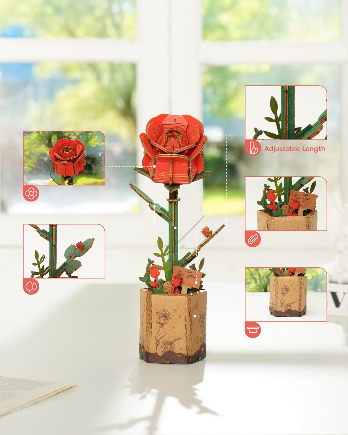 Thumbnail 2 de Rolife Puzzle 3D en bois Bouquet de fleurs « Fleur éternelle » (Rose rouge)