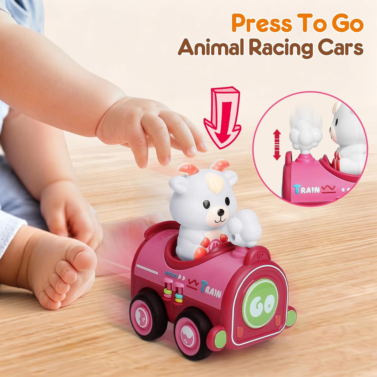 Detalle de MOONTOY Magnetic Press-to-Go Animal Cars, 4-Piece Set with Finger Puppets