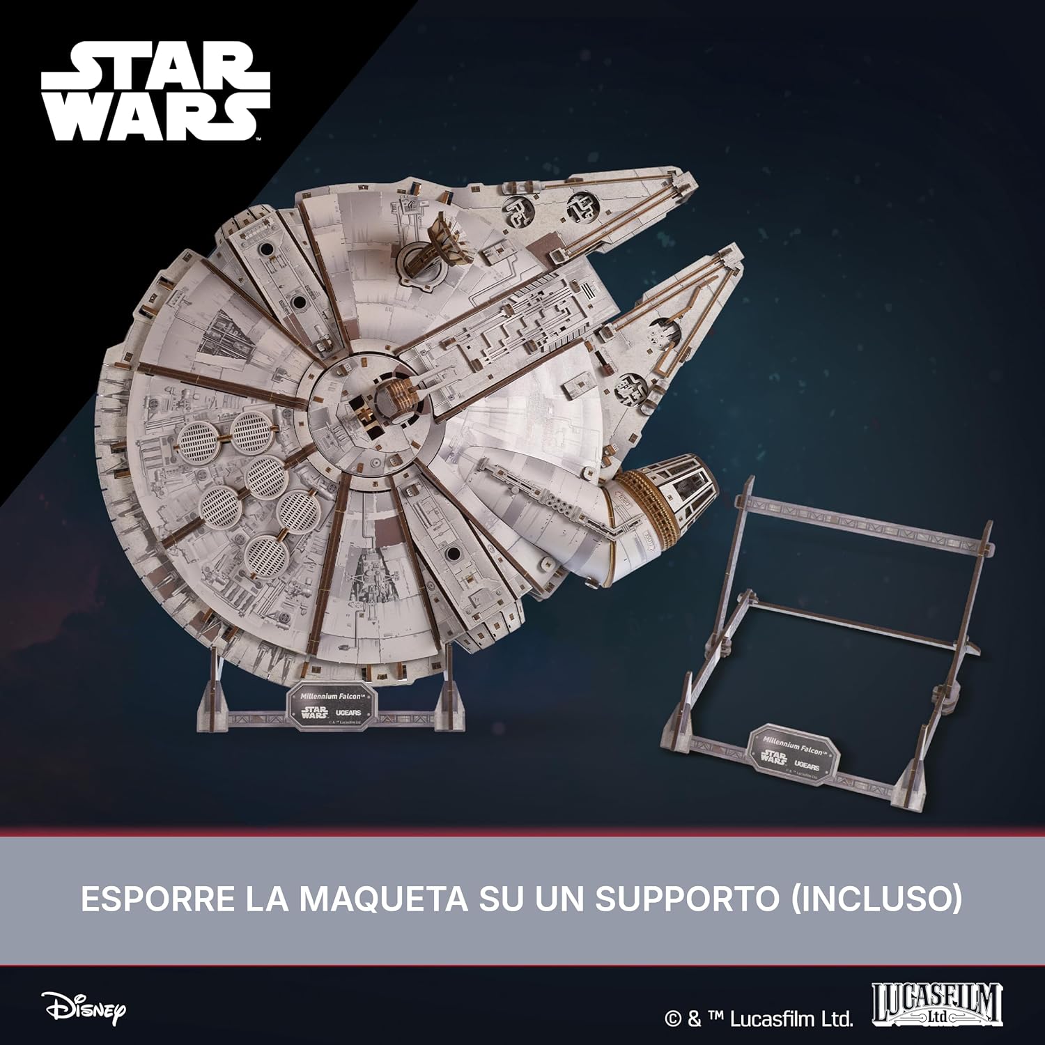 Detalle de UGEARS Millennium Falcon Puzzle 3D in Legno – Modellino da Costruire per Adulti con LED (1235 pezzi)