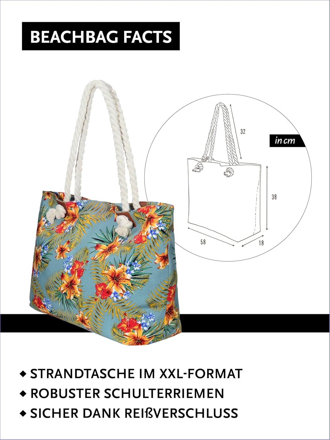 Thumbnail 1 de DonDon Strandtasche XXL mit Reißverschluss – Robuste Umhängetasche im Beach Look, inklusive Mini-Tasche