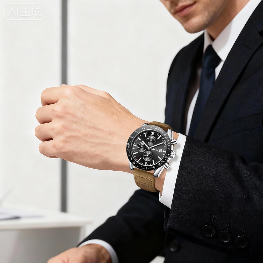 Thumbnail 6 de LIGE Montre Homme chronographe analogique Quartz bracelet cuir souple 45 mm