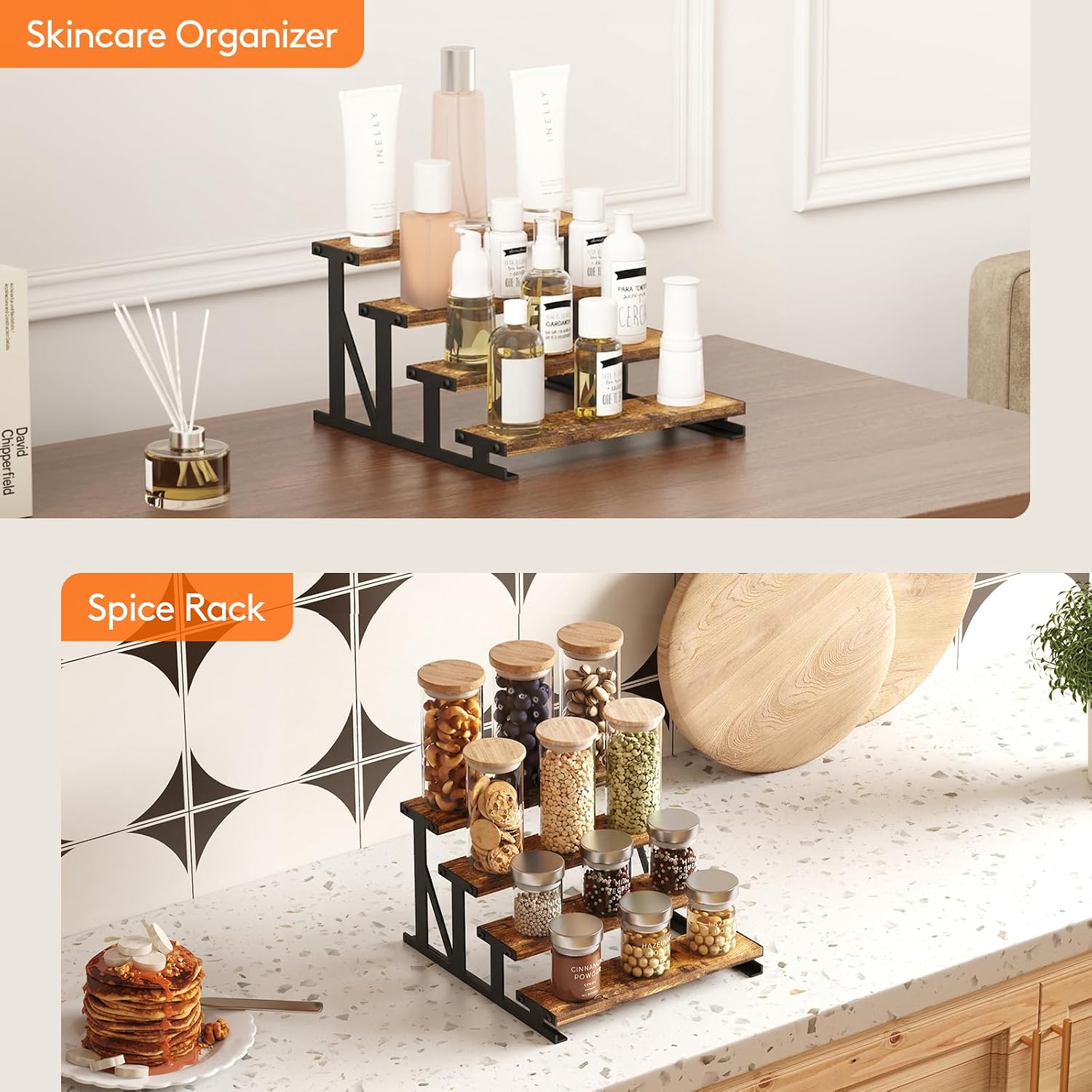 Thumbnail 6 de Lifewit 24461 4-Tier Wooden Display Stand with Metal Shelves, Vintage Brown