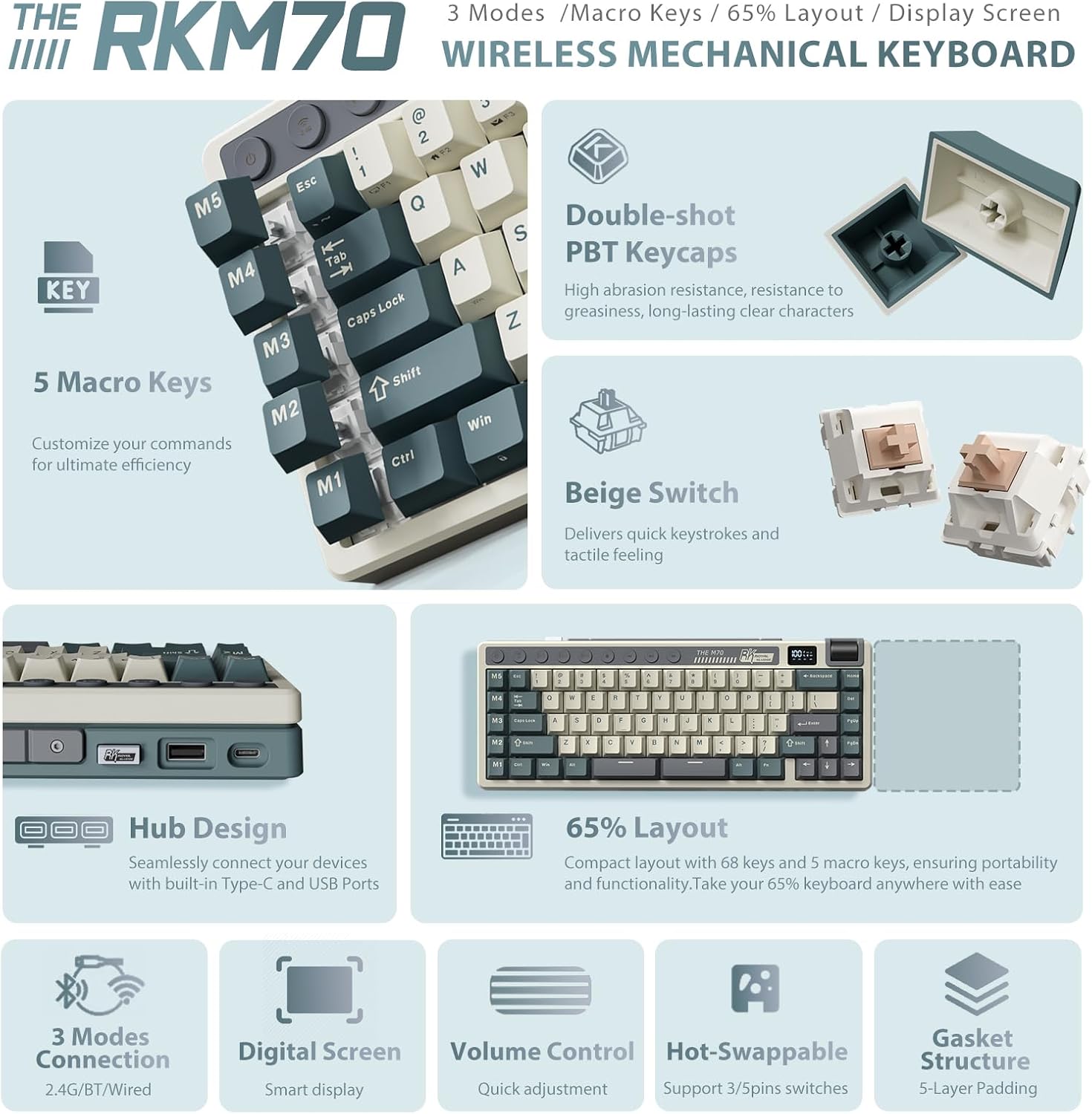 Detalle 2 de RK Royal Kludge M70 75% wireless mechanical keyboard ⌨