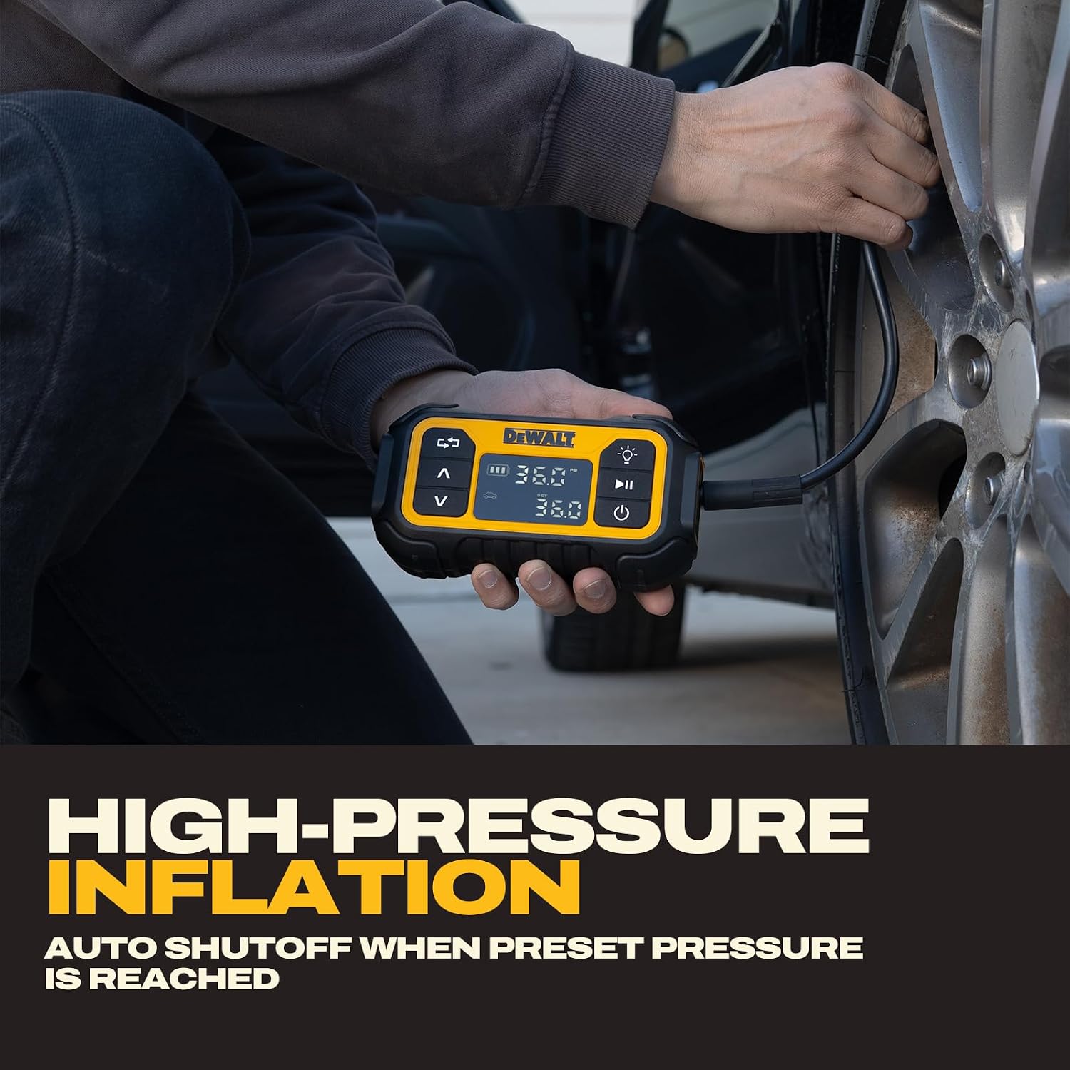 Detalle de DEWALT DXIF1201 Portable Tire Inflator, 150 PSI, Dual Power, Auto Shutoff