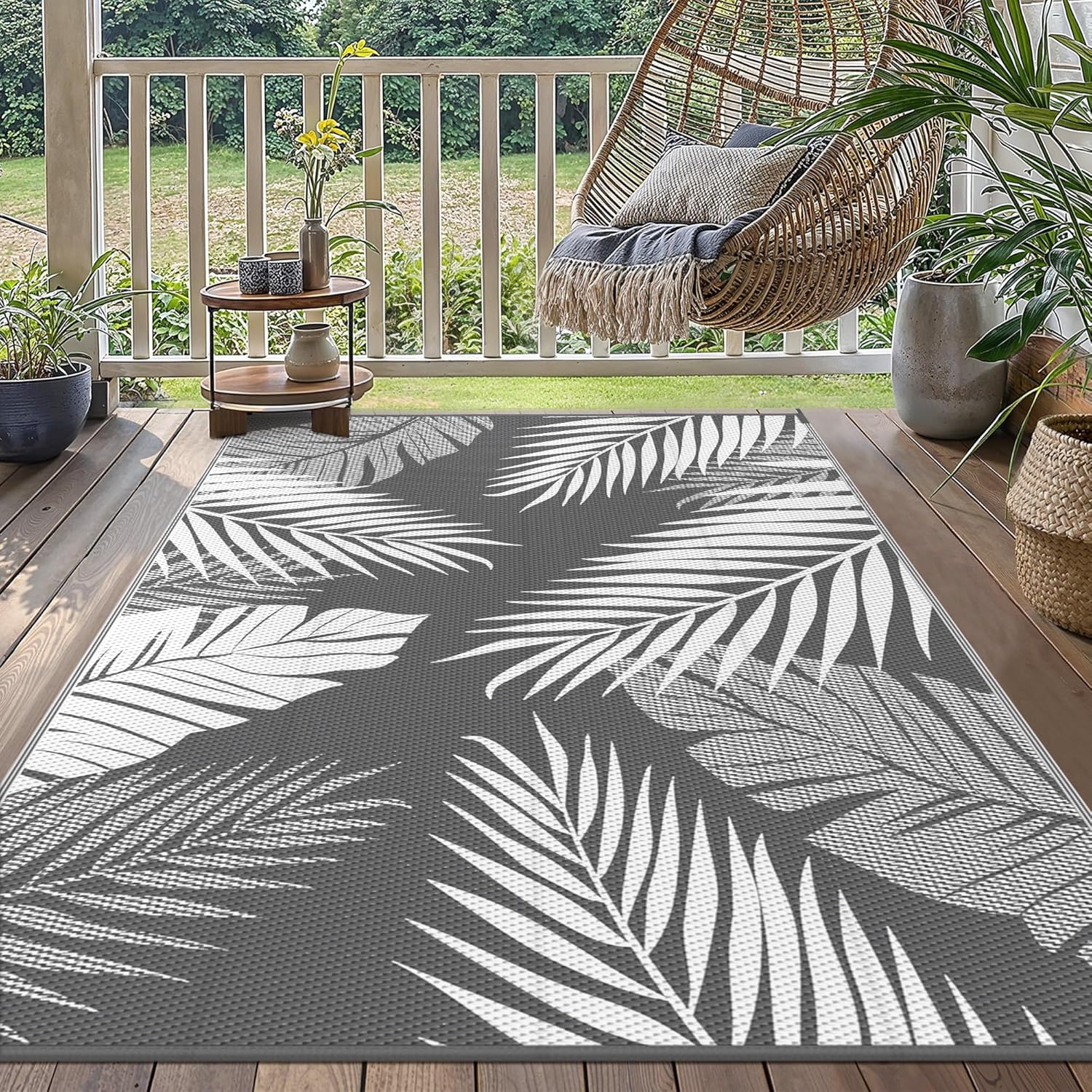 Detalle de GENIMO Outdoor Rug 120x180cm – Waterproof Reversible Garden Carpet (Grey & White)