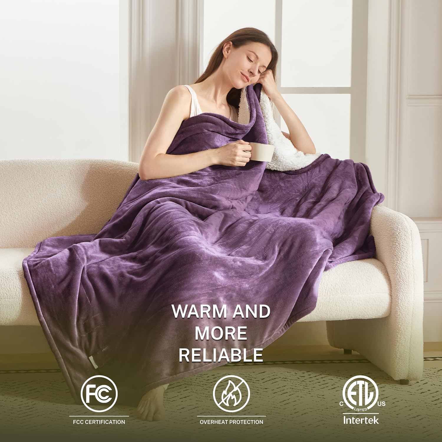 Detalle de Cozorbt HLT1-LT-F Electric Throw Blanket, 50 x 60 in, Reversible Flannel and Sherpa