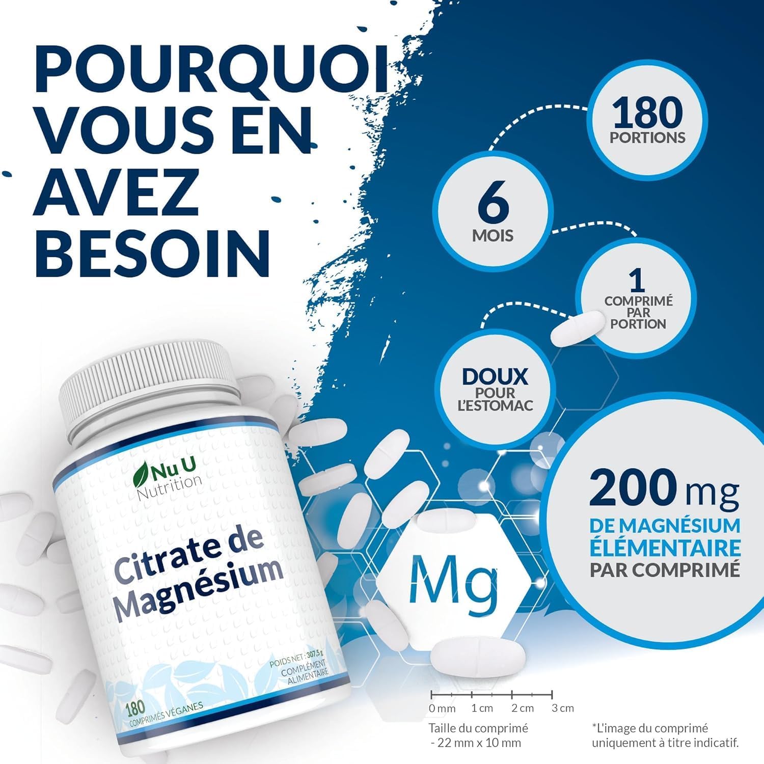 Thumbnail 4 de Citrate de magnésium 700 mg (200 mg de magnésium élémentaire) – 180 comprimés vegan – Nu U Nutrition