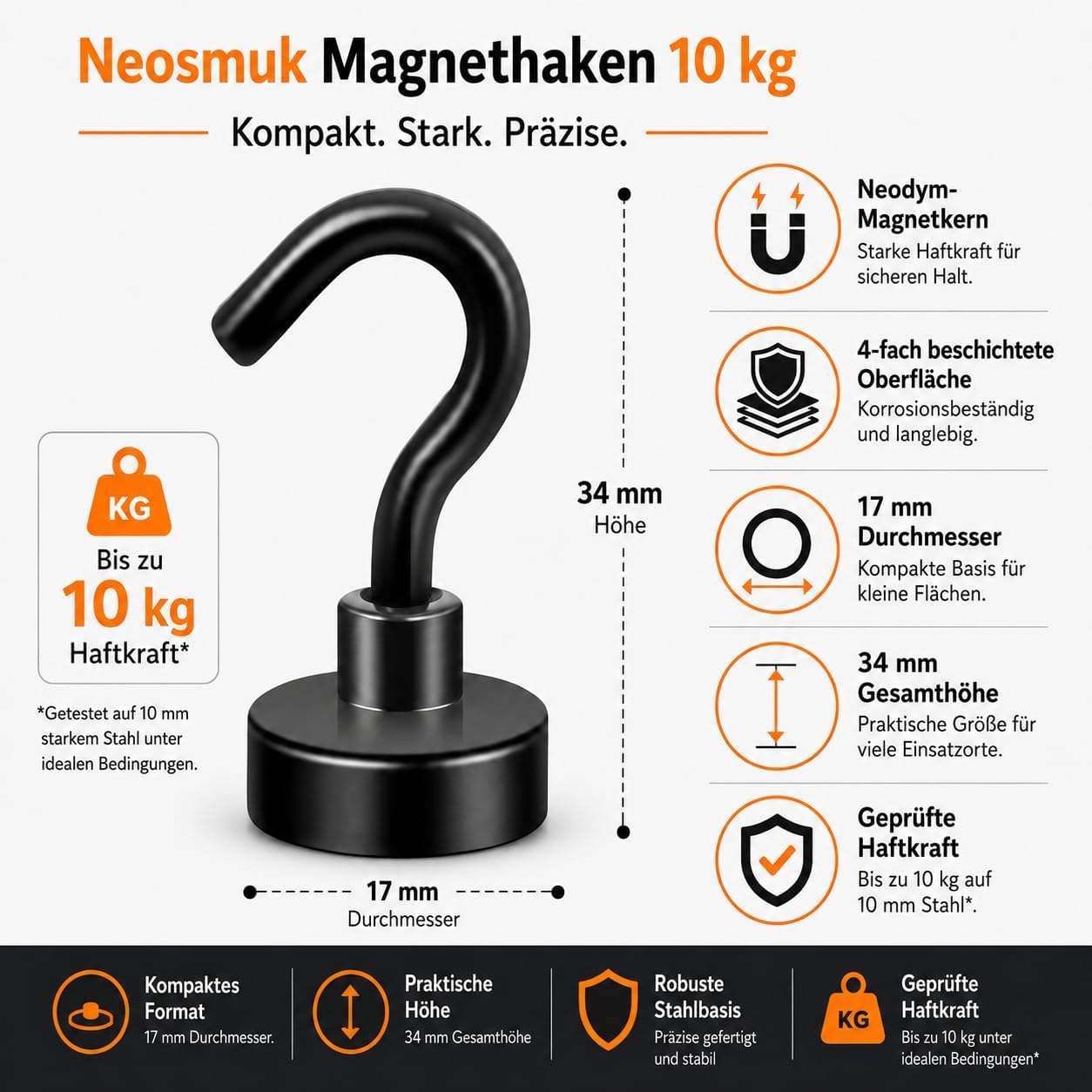 Thumbnail 1 de Neosmuk Magnethaken Schwarz – extra starke Neodym-Magnethaken bis 10 kg für Stahlflächen