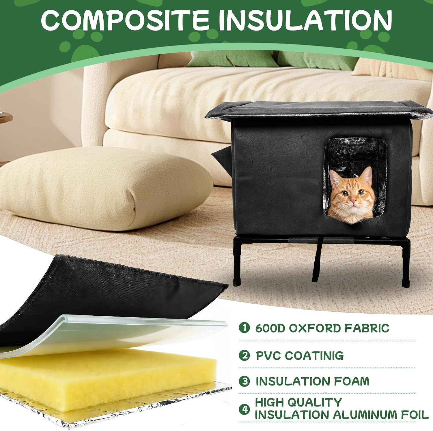 Detalle 2 de Outdoor Cat House Weatherproof with Aluminium Film Insulation (Large, Black)