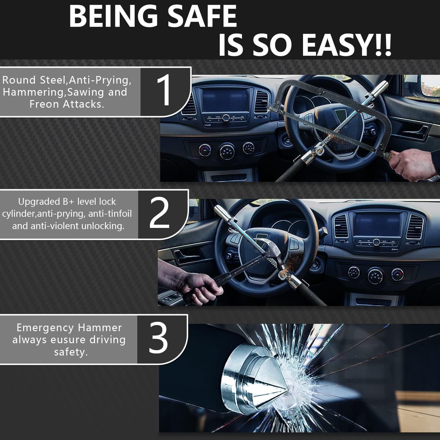 Detalle de BURNTOP Heavy Duty Steering Wheel Lock with 3 Laser Keys + RFID Key Signal Blocker Pouch